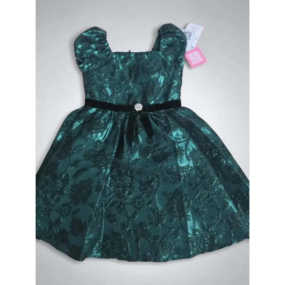 Rare Editions Green Floral Jacquard Puff Sleeve Bow Girls Dress 6 Knee